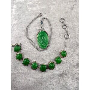 Vintage Sterling Silver Green Necklace
Bracelet Set 19" 8"